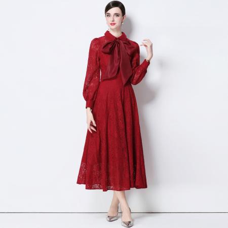 FA51350# 气质名媛高端水溶蕾丝长袖丝绸系带连衣裙女高腰显瘦中长裙 服裝批發女裝批發服飾貨源