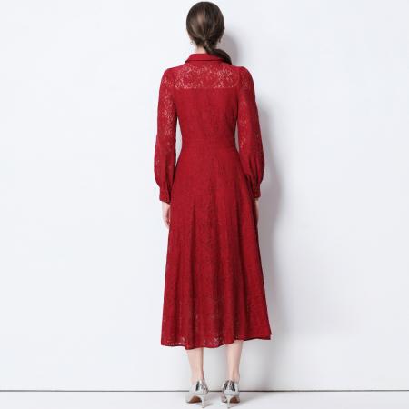 FA51350# 气质名媛高端水溶蕾丝长袖丝绸系带连衣裙女高腰显瘦中长裙 服裝批發女裝批發服飾貨源