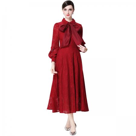 FA51350# 气质名媛高端水溶蕾丝长袖丝绸系带连衣裙女高腰显瘦中长裙 服裝批發女裝批發服飾貨源