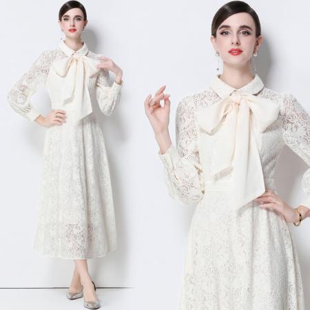 FA51351# 气质名媛高端水溶蕾丝长袖丝绸系带连衣裙女高腰显瘦中长裙 服裝批發女裝批發服飾貨源