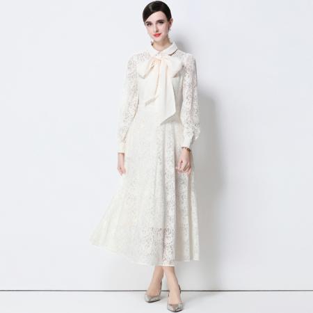 FA51351# 气质名媛高端水溶蕾丝长袖丝绸系带连衣裙女高腰显瘦中长裙 服裝批發女裝批發服飾貨源