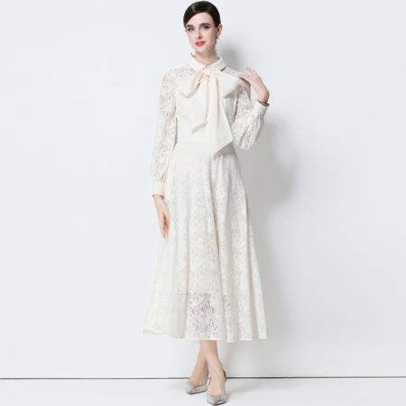 FA51351# 气质名媛高端水溶蕾丝长袖丝绸系带连衣裙女高腰显瘦中长裙 服裝批發女裝批發服飾貨源