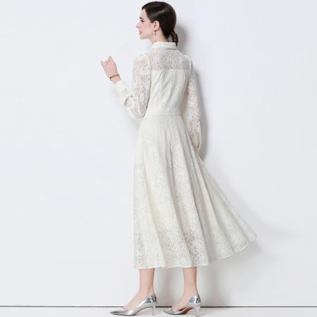 FA51351# 气质名媛高端水溶蕾丝长袖丝绸系带连衣裙女高腰显瘦中长裙 服裝批發女裝批發服飾貨源