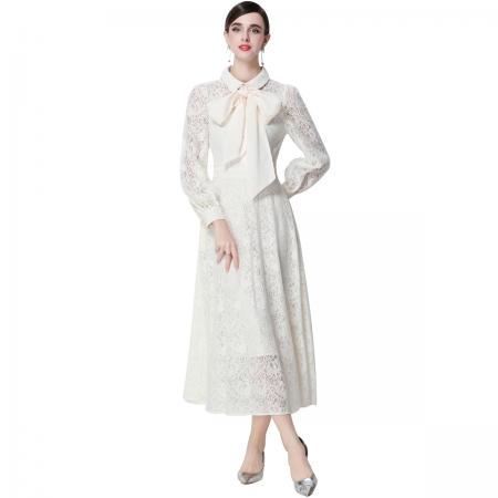 FA51351# 气质名媛高端水溶蕾丝长袖丝绸系带连衣裙女高腰显瘦中长裙 服裝批發女裝批發服飾貨源