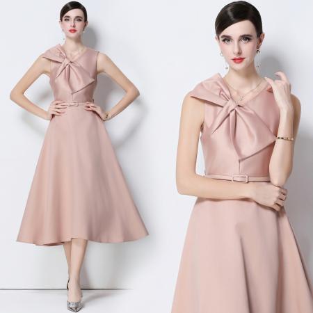 FA51352# 法式复古设计感V领大蝴蝶结收腰显瘦大摆无袖连衣裙送腰带 服裝批發女裝批發服飾貨源