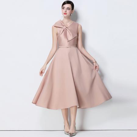 FA51352# 法式复古设计感V领大蝴蝶结收腰显瘦大摆无袖连衣裙送腰带 服裝批發女裝批發服飾貨源