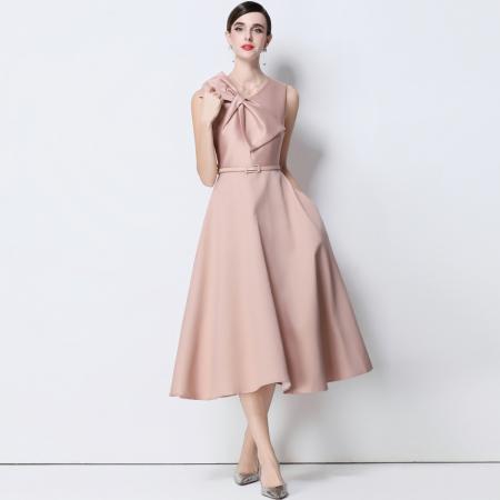 FA51352# 法式复古设计感V领大蝴蝶结收腰显瘦大摆无袖连衣裙送腰带 服裝批發女裝批發服飾貨源