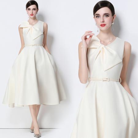 FA51353# 法式复古设计感V领大蝴蝶结收腰显瘦大摆无袖连衣裙送腰带 服裝批發女裝批發服飾貨源