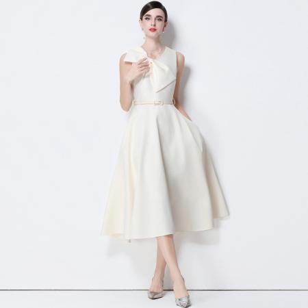 FA51353# 法式复古设计感V领大蝴蝶结收腰显瘦大摆无袖连衣裙送腰带 服裝批發女裝批發服飾貨源