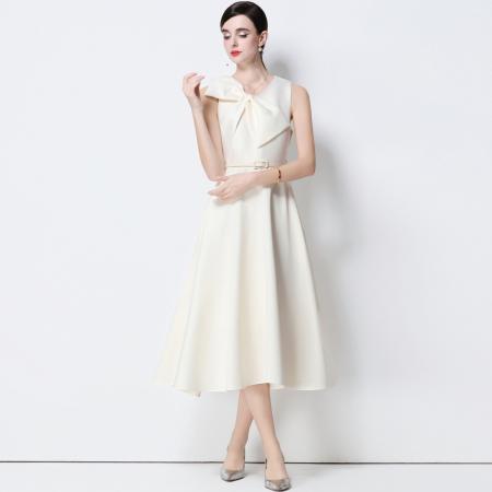 FA51353# 法式复古设计感V领大蝴蝶结收腰显瘦大摆无袖连衣裙送腰带 服裝批發女裝批發服飾貨源