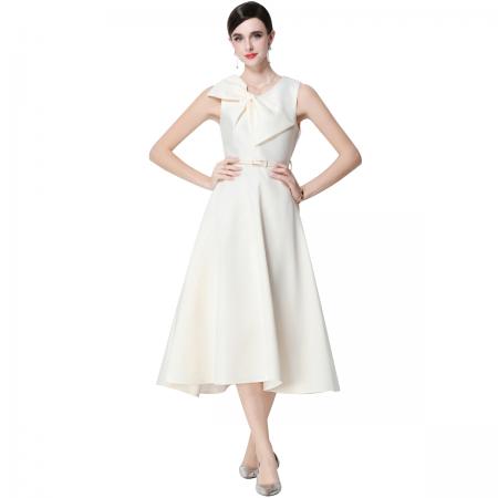 FA51353# 法式复古设计感V领大蝴蝶结收腰显瘦大摆无袖连衣裙送腰带 服裝批發女裝批發服飾貨源