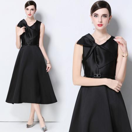 FA51354# 法式复古设计感V领大蝴蝶结收腰显瘦大摆无袖连衣裙送腰带 服裝批發女裝批發服飾貨源