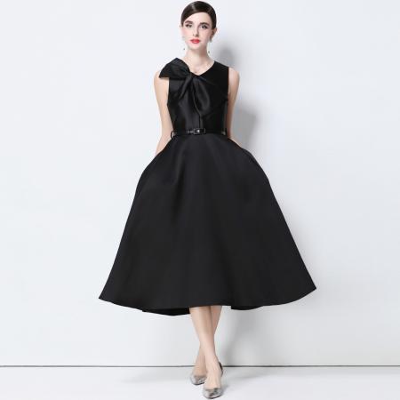 FA51354# 法式复古设计感V领大蝴蝶结收腰显瘦大摆无袖连衣裙送腰带 服裝批發女裝批發服飾貨源