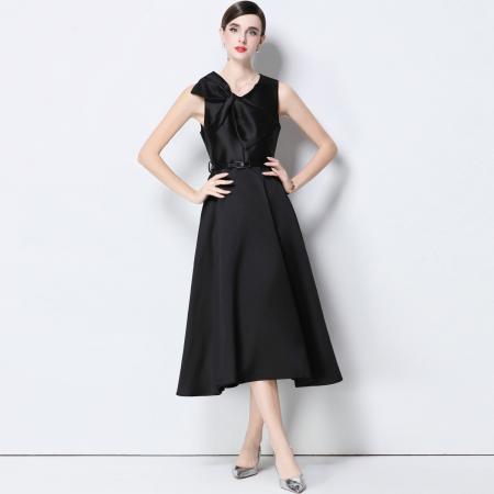 FA51354# 法式复古设计感V领大蝴蝶结收腰显瘦大摆无袖连衣裙送腰带 服裝批發女裝批發服飾貨源