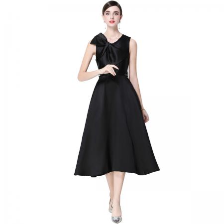 FA51354# 法式复古设计感V领大蝴蝶结收腰显瘦大摆无袖连衣裙送腰带 服裝批發女裝批發服飾貨源