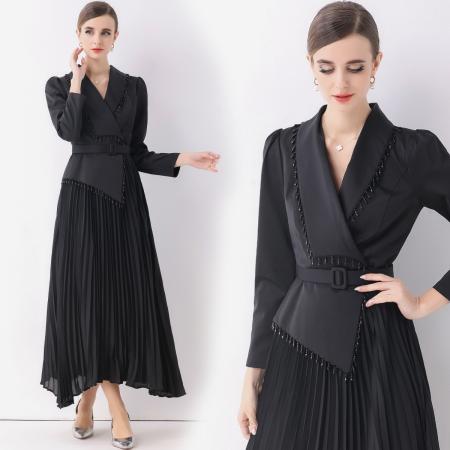 FA51355# 新款气质修身钉珠西装裙女显瘦长款百褶连衣裙V领送腰带 服裝批發女裝批發服飾貨源