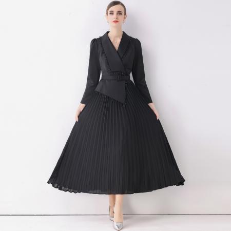 FA51355# 新款气质修身钉珠西装裙女显瘦长款百褶连衣裙V领送腰带 服裝批發女裝批發服飾貨源