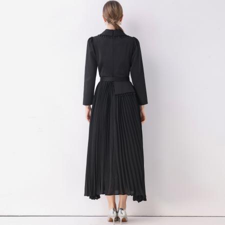 FA51355# 新款气质修身钉珠西装裙女显瘦长款百褶连衣裙V领送腰带 服裝批發女裝批發服飾貨源