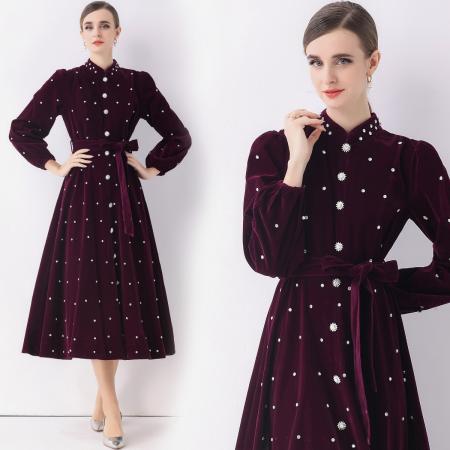 FA51356# 法式复古赫本风礼服裙女丝绒泡泡袖单排扣烫钻连衣裙 服裝批發女裝批發服飾貨源