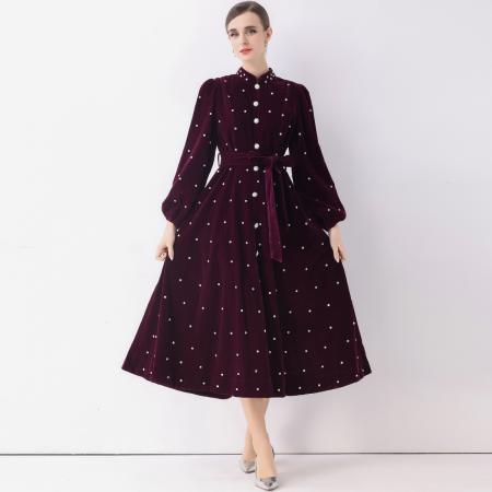 FA51356# 法式复古赫本风礼服裙女丝绒泡泡袖单排扣烫钻连衣裙 服裝批發女裝批發服飾貨源