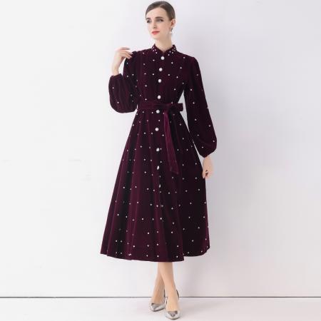 FA51356# 法式复古赫本风礼服裙女丝绒泡泡袖单排扣烫钻连衣裙 服裝批發女裝批發服飾貨源