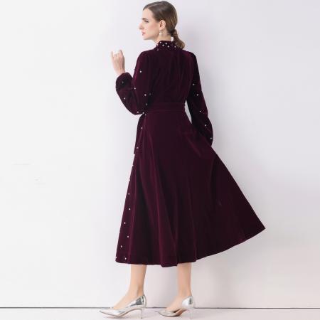 FA51356# 法式复古赫本风礼服裙女丝绒泡泡袖单排扣烫钻连衣裙 服裝批發女裝批發服飾貨源