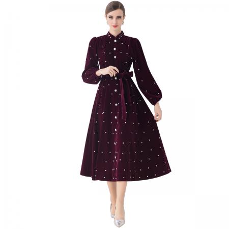 FA51356# 法式复古赫本风礼服裙女丝绒泡泡袖单排扣烫钻连衣裙 服裝批發女裝批發服飾貨源