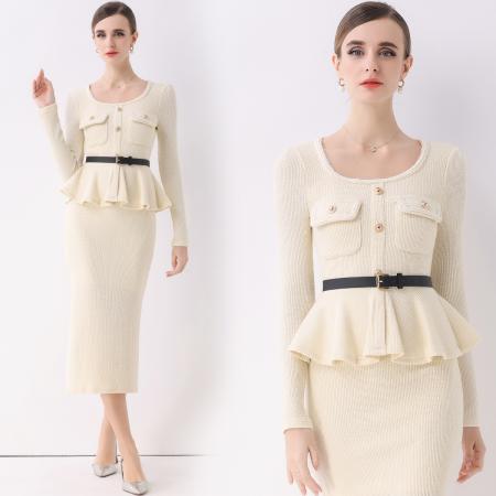 FA51358# 法式名媛轻熟风气质轻奢小香风假两件连衣裙女高级感送腰带 服裝批發女裝批發服飾貨源