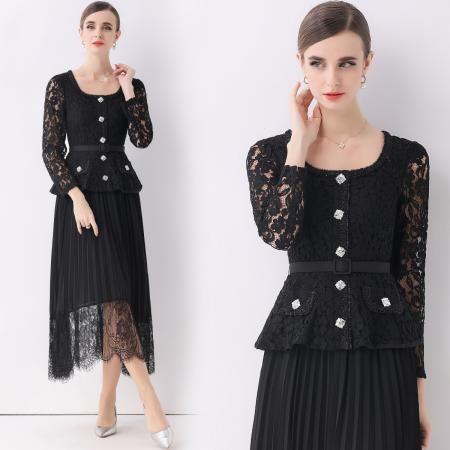 FA51359# 法式翻领蕾丝拼接收腰压褶连衣裙女秋季小香风长裙子送腰带 服裝批發女裝批發服飾貨源