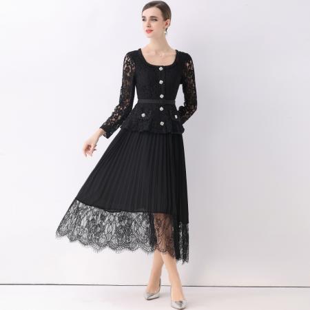 FA51359# 法式翻领蕾丝拼接收腰压褶连衣裙女秋季小香风长裙子送腰带 服裝批發女裝批發服飾貨源