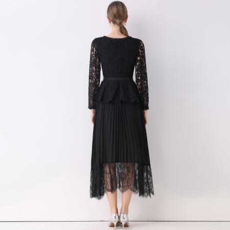 FA51359# 法式翻领蕾丝拼接收腰压褶连衣裙女秋季小香风长裙子送腰带 服裝批發女裝批發服飾貨源