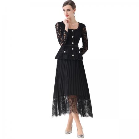 FA51359# 法式翻领蕾丝拼接收腰压褶连衣裙女秋季小香风长裙子送腰带 服裝批發女裝批發服飾貨源