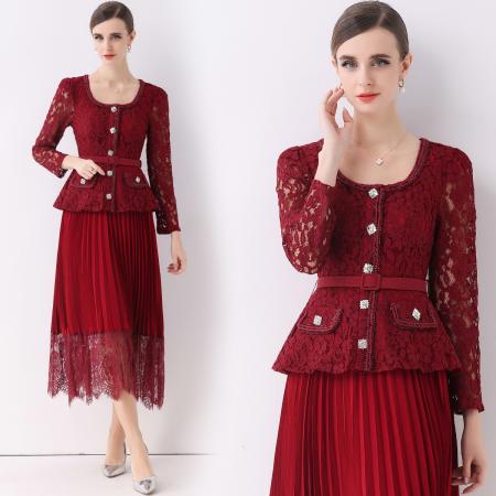 FA51360# 法式翻领蕾丝拼接收腰压褶连衣裙女秋季小香风长裙子送腰带 服裝批發女裝批發服飾貨源