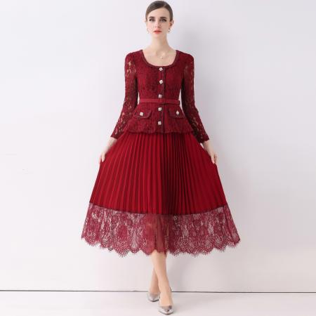 FA51360# 法式翻领蕾丝拼接收腰压褶连衣裙女秋季小香风长裙子送腰带 服裝批發女裝批發服飾貨源