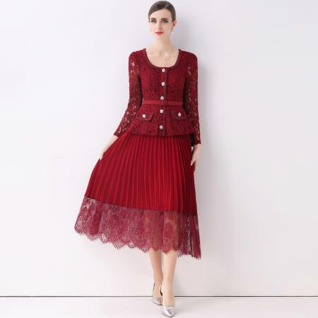 FA51360# 法式翻领蕾丝拼接收腰压褶连衣裙女秋季小香风长裙子送腰带 服裝批發女裝批發服飾貨源