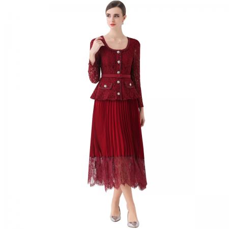 FA51360# 法式翻领蕾丝拼接收腰压褶连衣裙女秋季小香风长裙子送腰带 服裝批發女裝批發服飾貨源