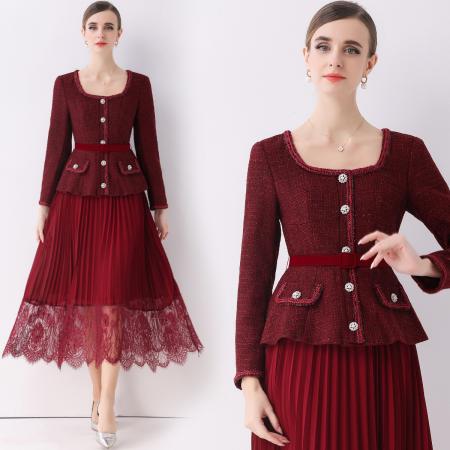 FA51361# 优雅气质收腰小香风连衣裙女假两件百褶长裙送腰带 服裝批發女裝批發服飾貨源