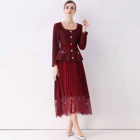 FA51361# 优雅气质收腰小香风连衣裙女假两件百褶长裙送腰带 服裝批發女裝批發服飾貨源