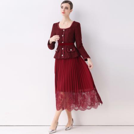 FA51361# 优雅气质收腰小香风连衣裙女假两件百褶长裙送腰带 服裝批發女裝批發服飾貨源