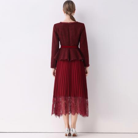 FA51361# 优雅气质收腰小香风连衣裙女假两件百褶长裙送腰带 服裝批發女裝批發服飾貨源