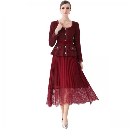 FA51361# 优雅气质收腰小香风连衣裙女假两件百褶长裙送腰带 服裝批發女裝批發服飾貨源