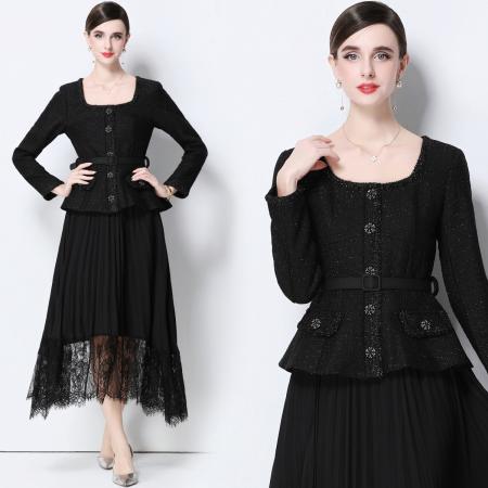 FA51362# 优雅气质收腰小香风连衣裙女假两件百褶长裙送腰带 服裝批發女裝批發服飾貨源