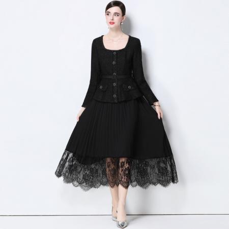 FA51362# 优雅气质收腰小香风连衣裙女假两件百褶长裙送腰带 服裝批發女裝批發服飾貨源