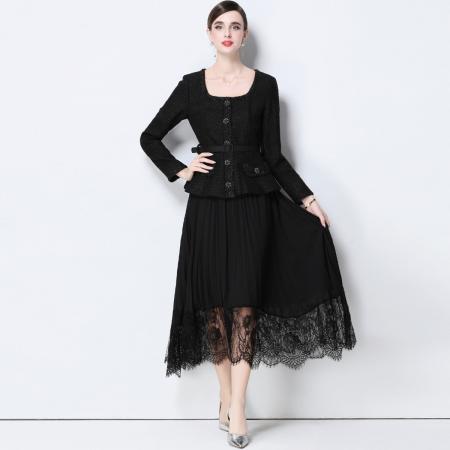 FA51362# 优雅气质收腰小香风连衣裙女假两件百褶长裙送腰带 服裝批發女裝批發服飾貨源