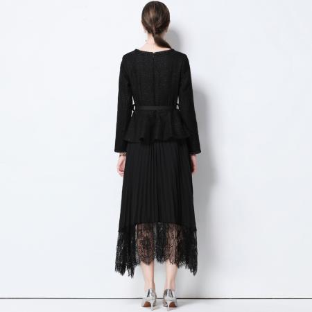 FA51362# 优雅气质收腰小香风连衣裙女假两件百褶长裙送腰带 服裝批發女裝批發服飾貨源