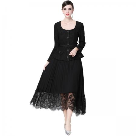 FA51362# 优雅气质收腰小香风连衣裙女假两件百褶长裙送腰带 服裝批發女裝批發服飾貨源