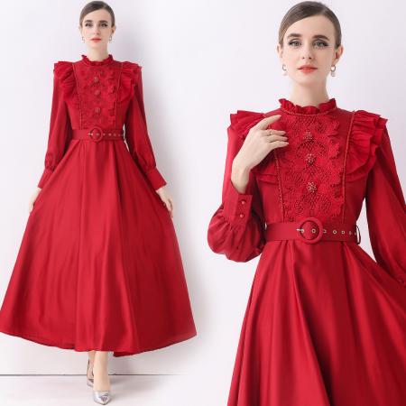 FA51363# 新款复古气质优雅立领荷叶边长袖收腰长款连衣裙长裙送腰带 服裝批發女裝批發服飾貨源