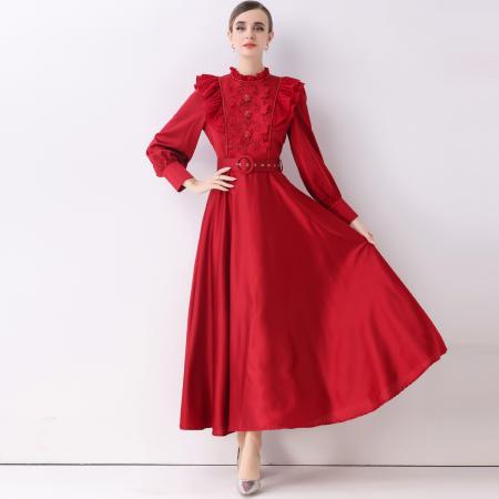 FA51363# 新款复古气质优雅立领荷叶边长袖收腰长款连衣裙长裙送腰带 服裝批發女裝批發服飾貨源