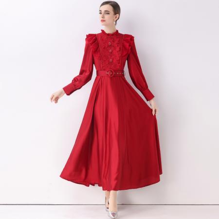 FA51363# 新款复古气质优雅立领荷叶边长袖收腰长款连衣裙长裙送腰带 服裝批發女裝批發服飾貨源