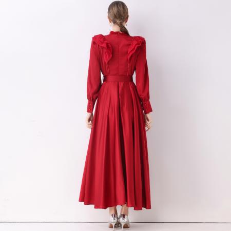 FA51363# 新款复古气质优雅立领荷叶边长袖收腰长款连衣裙长裙送腰带 服裝批發女裝批發服飾貨源